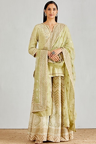 Green Chikankari Sharara Set by Kavita Bhartia