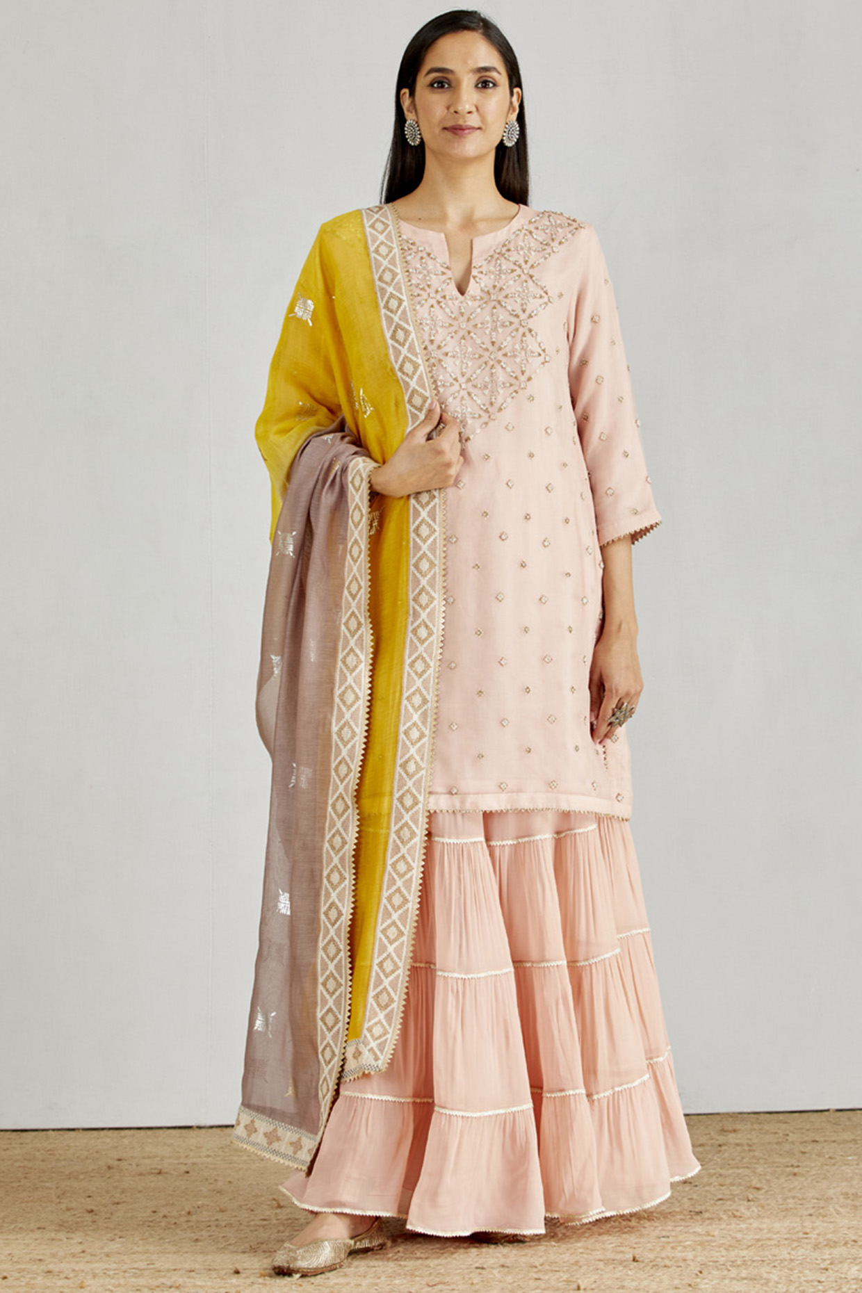 Pink Tiered Wedding Sharara Set With Pearls Work by Kavita Bhartia at Pernia's Pop Up Shop