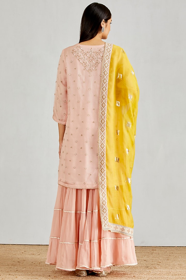 Pink Tiered Wedding Sharara Set With Pearls Work by Kavita Bhartia at Pernia's Pop Up Shop