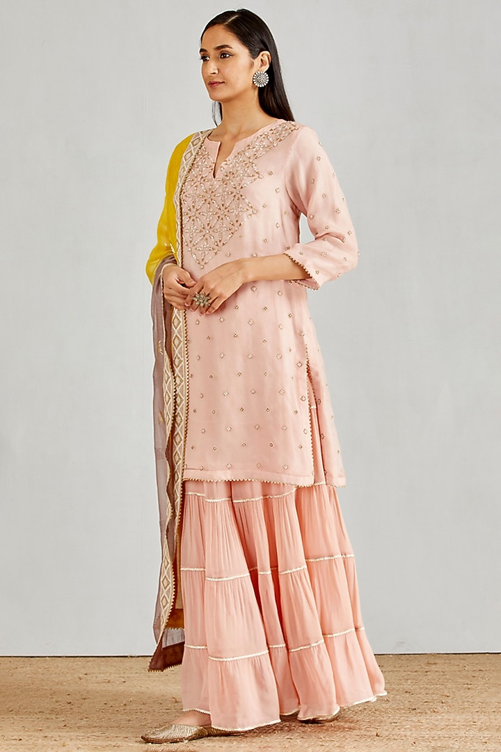 Pink Tiered Wedding Sharara Set With Pearls Work by Kavita Bhartia at Pernia's Pop Up Shop