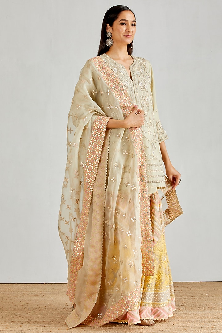 Green & Yellow Hand Embellished Chikankari Bridal Sharara Set by Kavita Bhartia at Pernia's Pop Up Shop