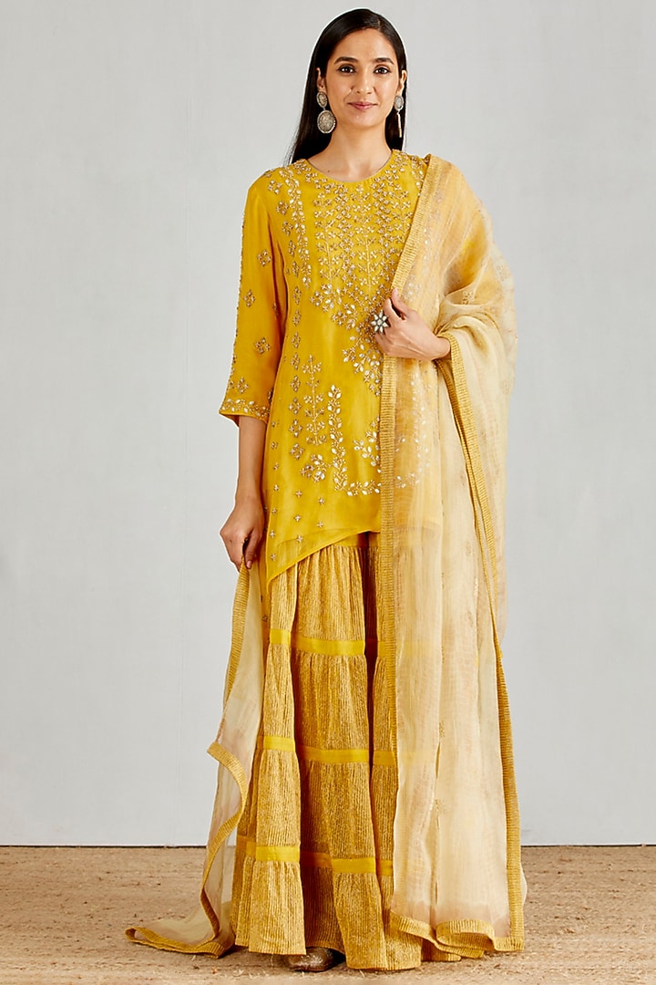 Yellow Hand Embellished Tiered Wedding Sharara Set by Kavita Bhartia at Pernia's Pop Up Shop