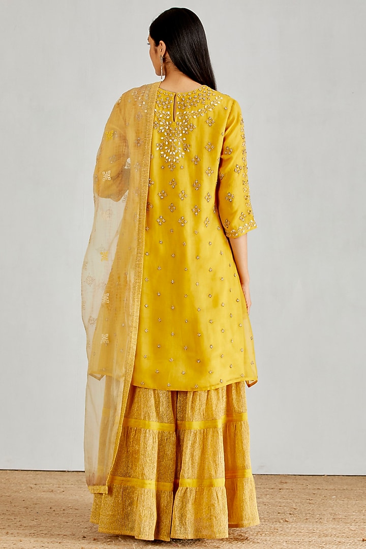 Yellow Hand Embellished Tiered Wedding Sharara Set by Kavita Bhartia at Pernia's Pop Up Shop