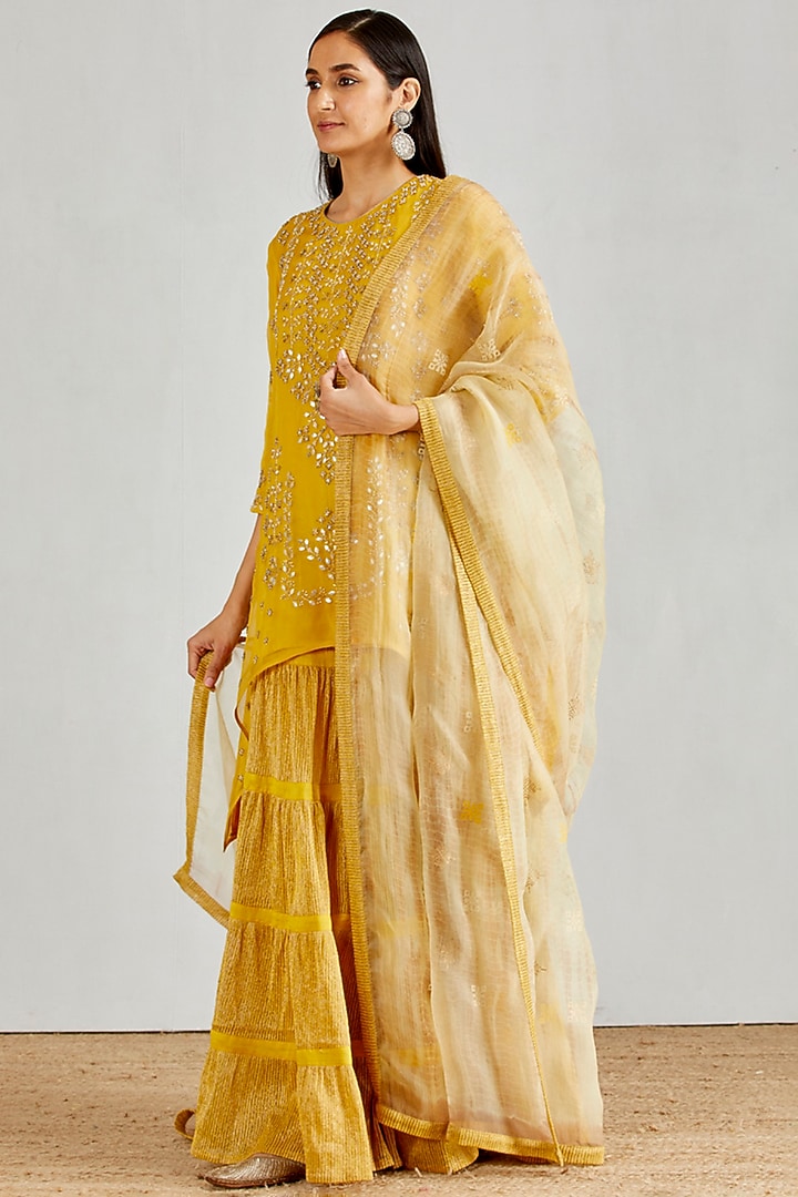 Yellow Hand Embellished Tiered Wedding Sharara Set by Kavita Bhartia at Pernia's Pop Up Shop