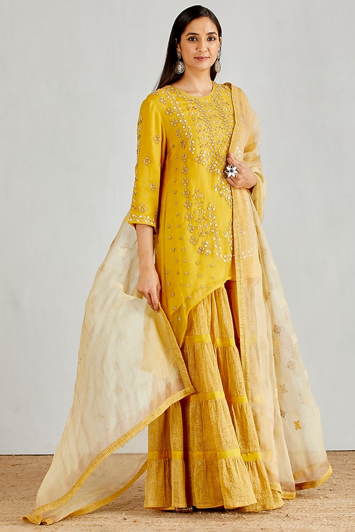 Yellow Hand Embellished Tiered Wedding Sharara Set by Kavita Bhartia at Pernia's Pop Up Shop