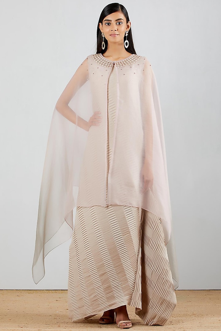 Pearl Grey Dress With Cape by Kavita Bhartia