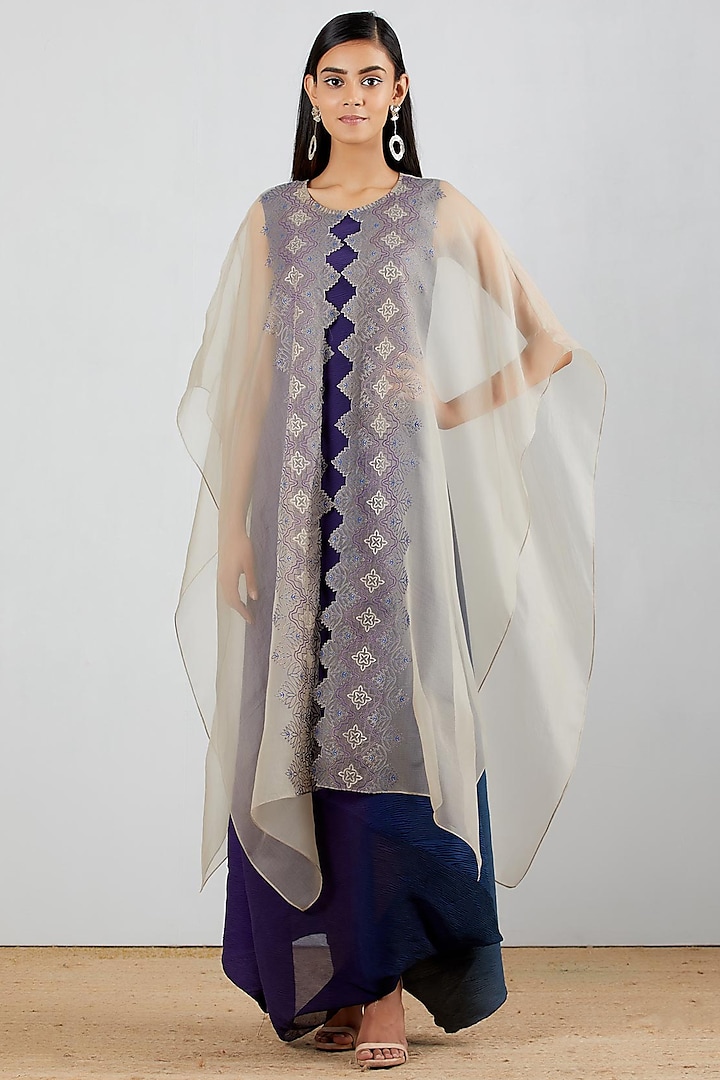 Bluish Purple Hand Block Printed Dress With Cape  by Kavita Bhartia