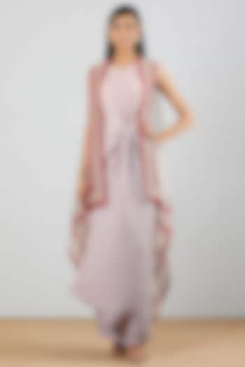 Pink & Grey Crinkle Crepe Vacation Dress With Asymmetrical Cape by Kavita Bhartia at Pernia's Pop Up Shop