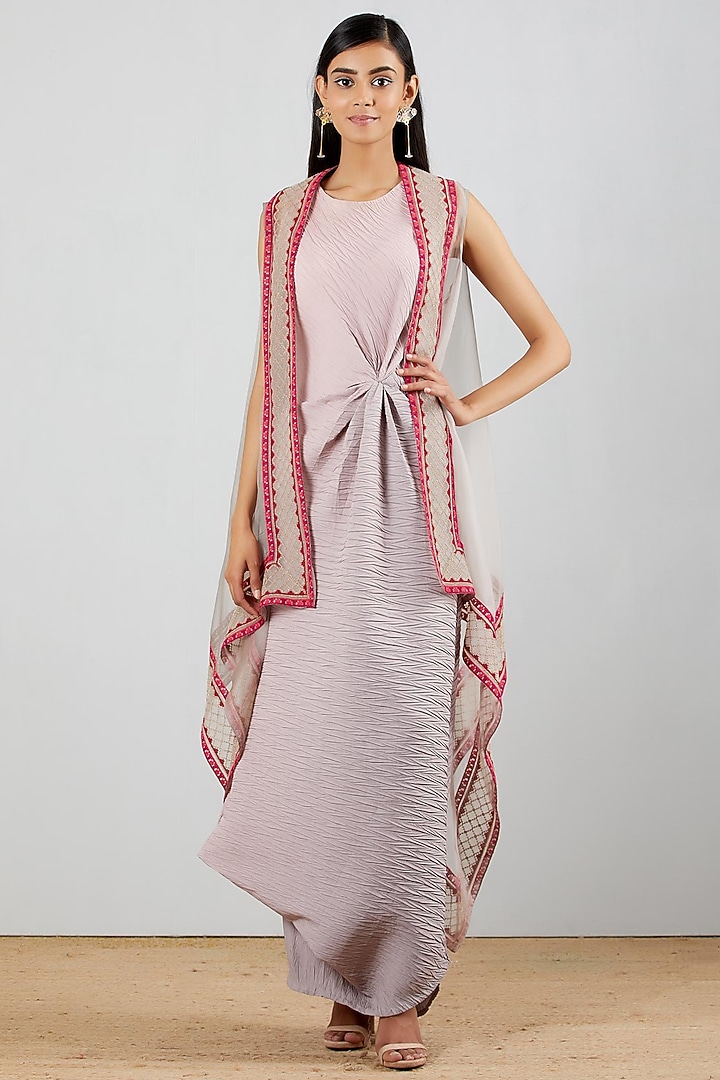 Pink & Grey Crinkle Crepe Vacation Dress With Asymmetrical Cape by Kavita Bhartia at Pernia's Pop Up Shop