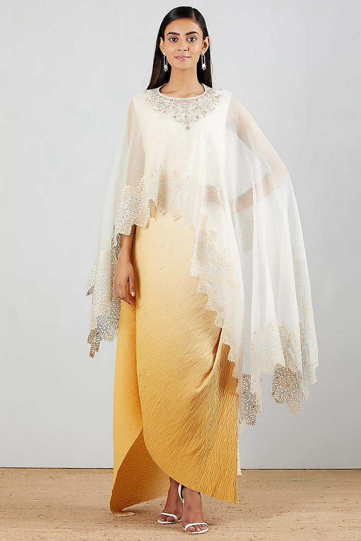 Yellow Hand Hand Block Printed Dress With Cape by Kavita Bhartia