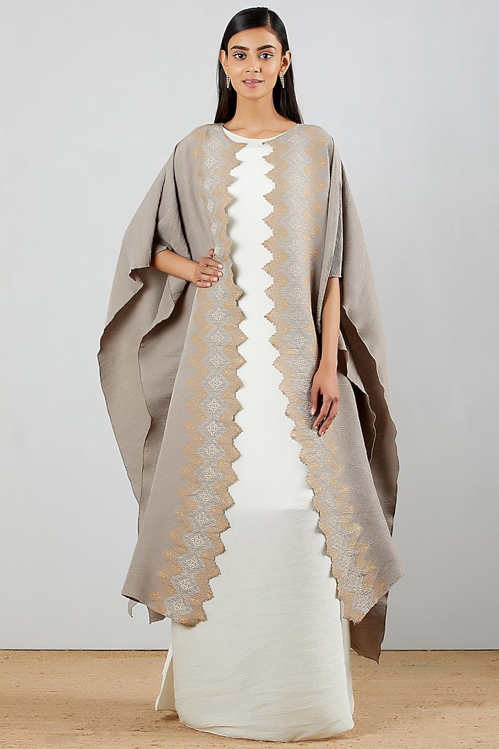 Ivory Dress With Hand Block Printed Cape by Kavita Bhartia