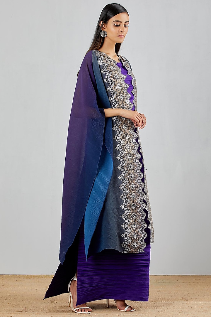 Blue & Purple Dress With Hand Block Printed Cape by Kavita Bhartia