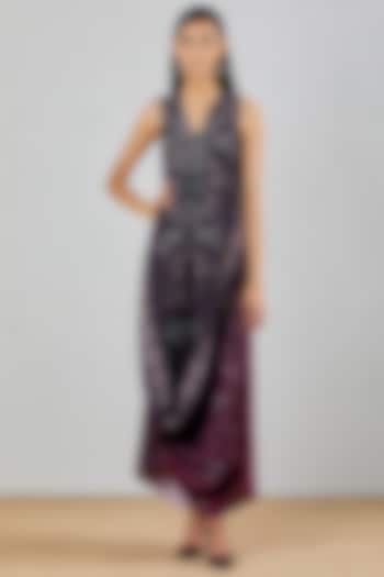 Purple & Wine Hand Block Printed Cowl Dress by Kavita Bhartia
