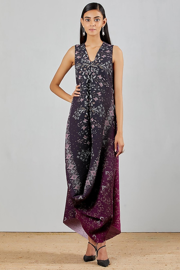 Purple & Wine Hand Block Printed Cowl Dress by Kavita Bhartia