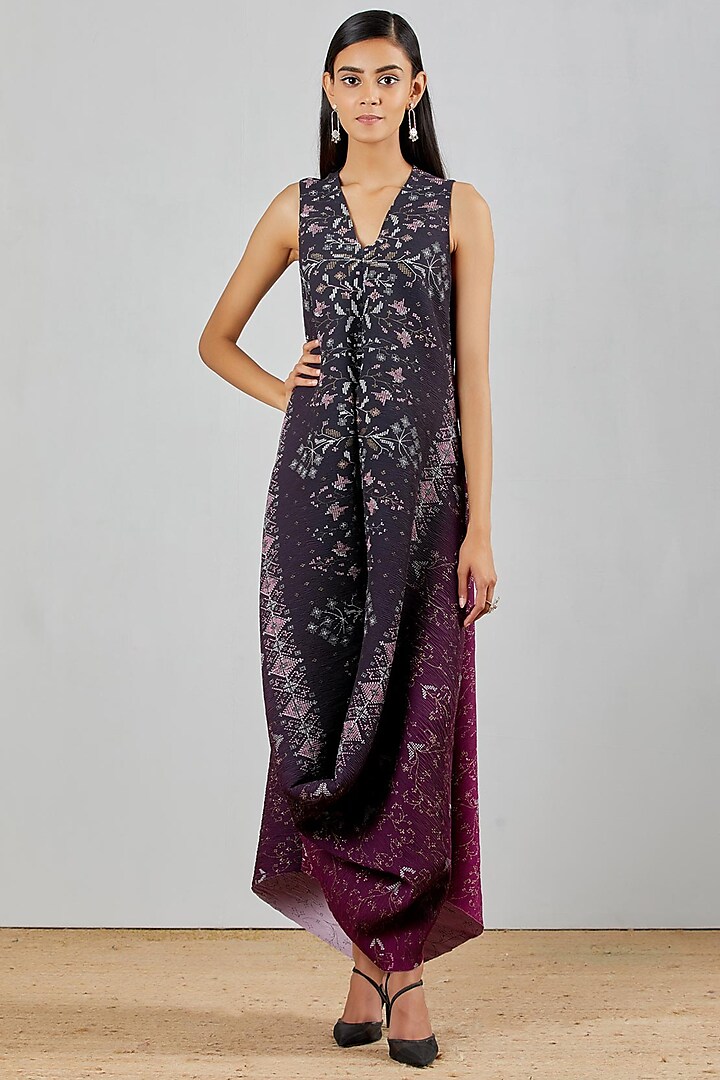 Purple & Wine Hand Block Printed Cowl Dress by Kavita Bhartia