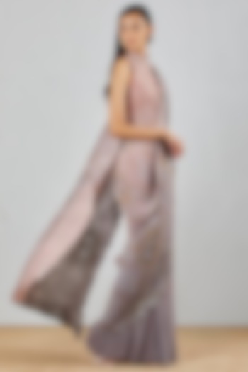 Blush Pink & Grey Hand Block Printed Pre-Stitched Saree Set by Kavita Bhartia at Pernia's Pop Up Shop