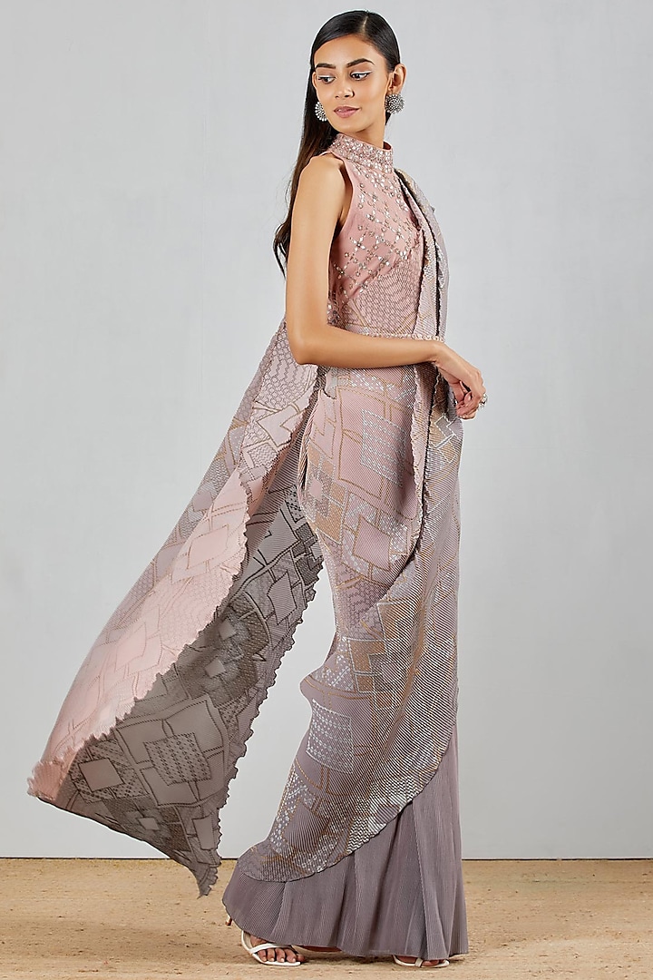 Blush Pink & Grey Hand Block Printed Pre-Stitched Saree Set by Kavita Bhartia at Pernia's Pop Up Shop