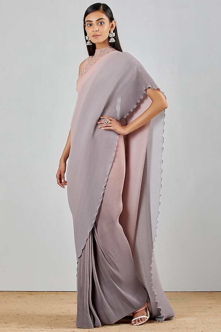 Blush Pink Hand Block Printed Pre-Stitched Saree Set by Kavita Bhartia at Pernia's Pop Up Shop