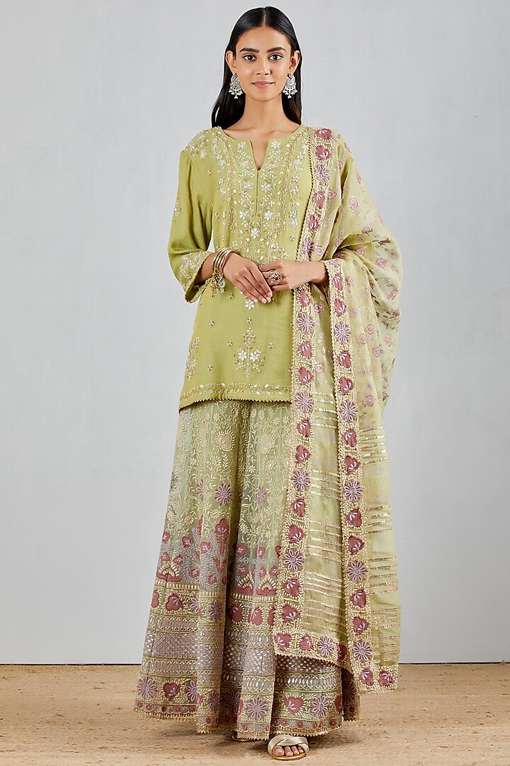 Sage Green Hand Embroidered Sharara Set by Kavita Bhartia at Pernia's Pop Up Shop