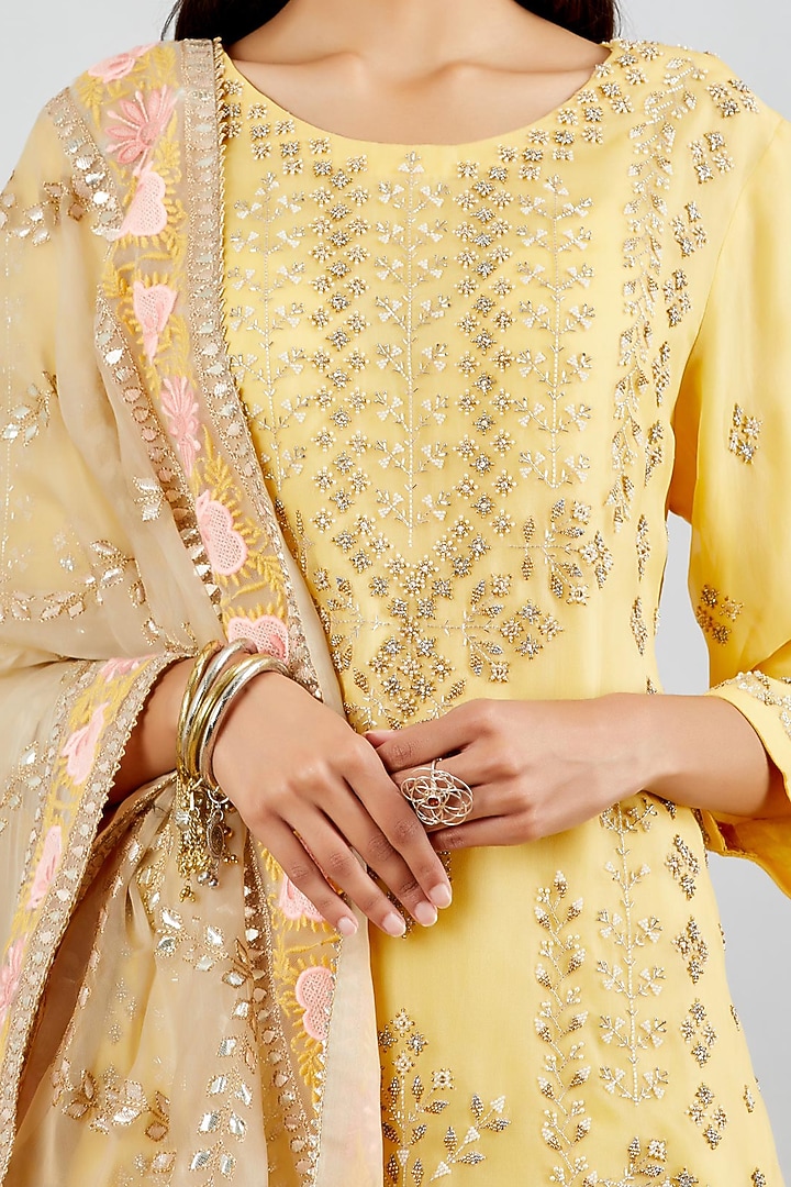 Pale Yellow Embroidered Bridal Sharara Set by Kavita Bhartia at Pernia's Pop Up Shop