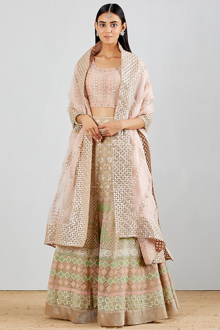 Blush Pink Organza Silk Embroidered Wedding Lehenga Set by Kavita Bhartia at Pernia's Pop Up Shop
