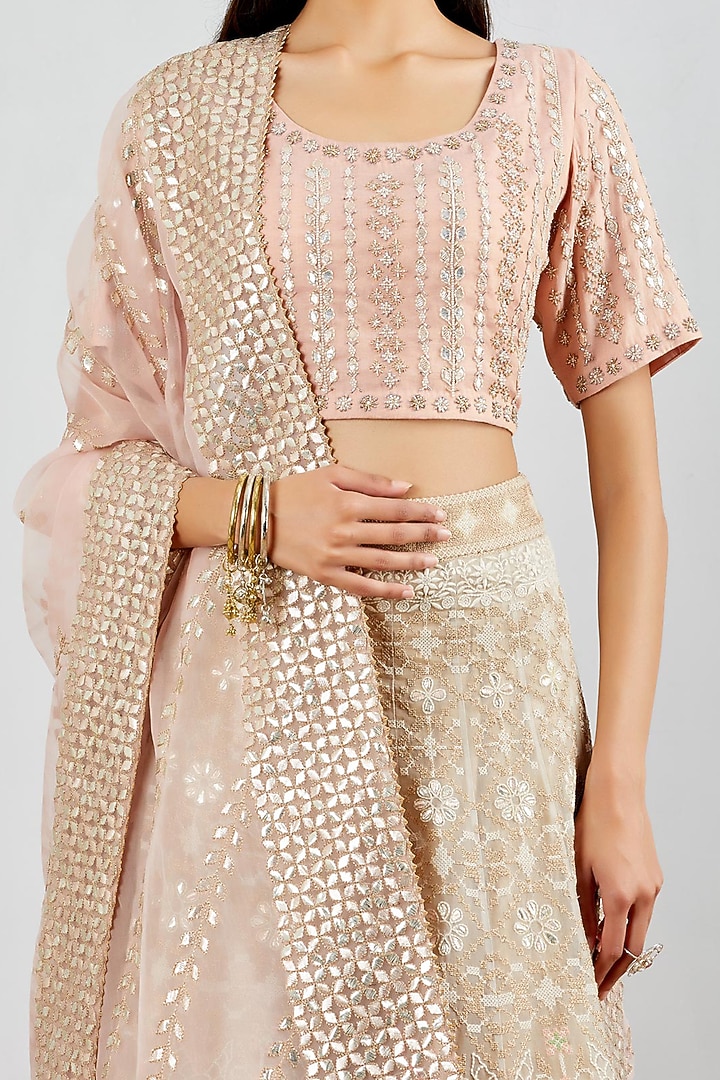 Blush Pink Organza Silk Embroidered Wedding Lehenga Set by Kavita Bhartia at Pernia's Pop Up Shop