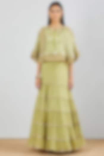 Sage Green Chiffon Hand Embroidered Tiered Skirt Set by Kavita Bhartia
