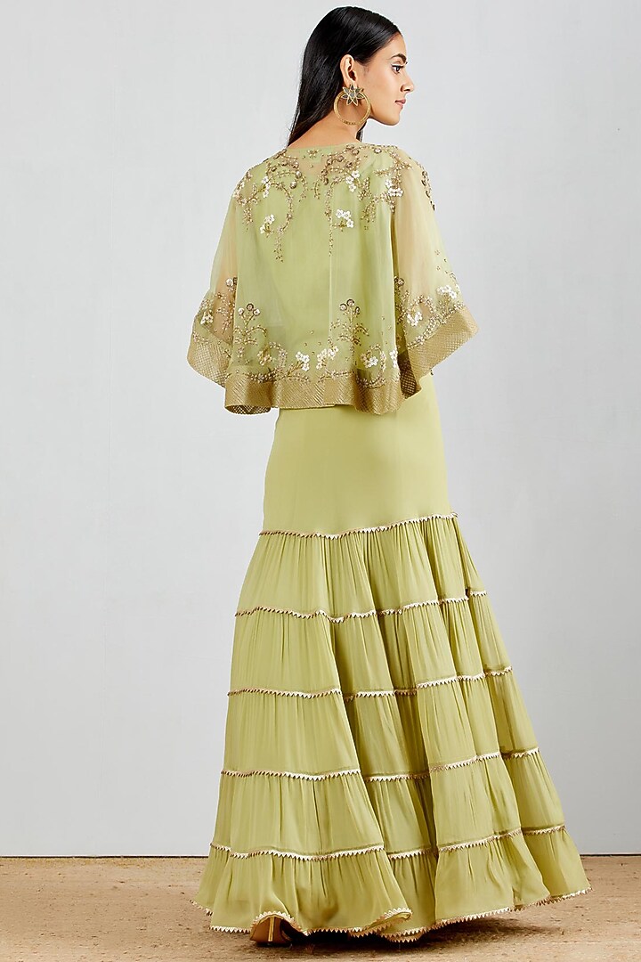 Sage Green Chiffon Hand Embroidered Tiered Skirt Set by Kavita Bhartia at Pernia's Pop Up Shop