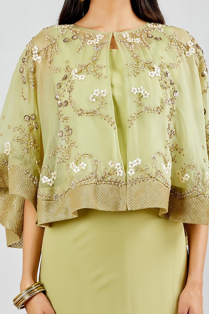 Sage Green Chiffon Hand Embroidered Tiered Skirt Set by Kavita Bhartia at Pernia's Pop Up Shop