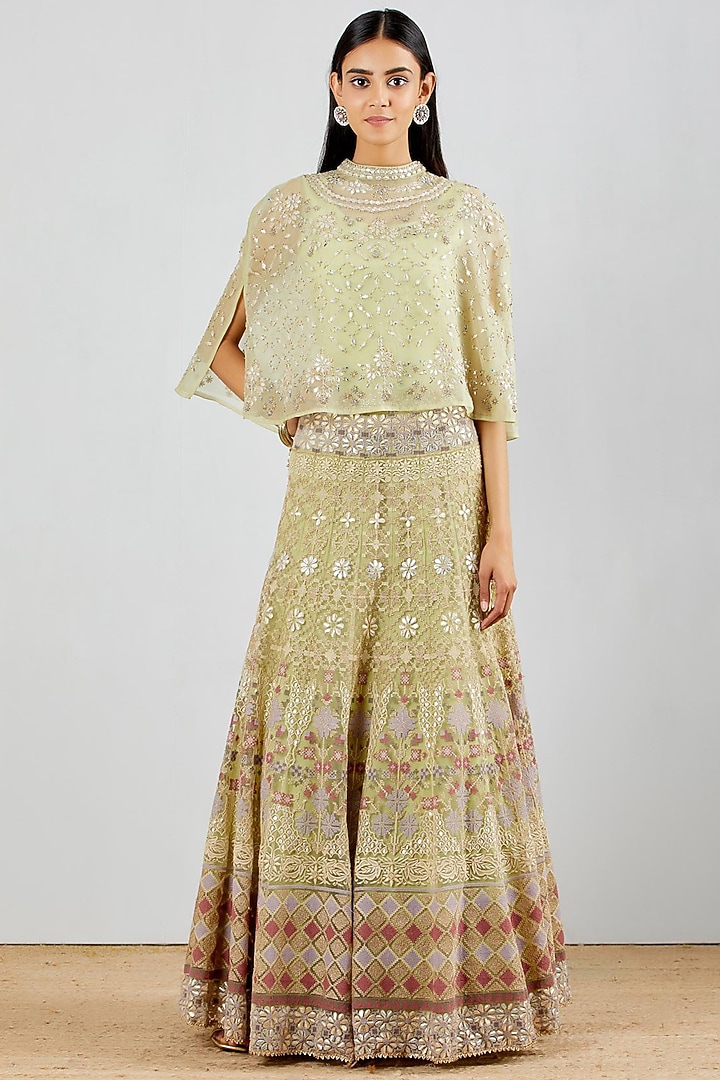 Light Green Organza Silk Hand Embroidered Skirt Set by Kavita Bhartia at Pernia's Pop Up Shop