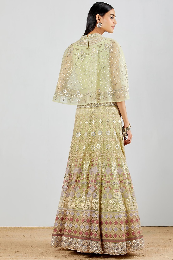 Light Green Organza Silk Hand Embroidered Skirt Set by Kavita Bhartia at Pernia's Pop Up Shop