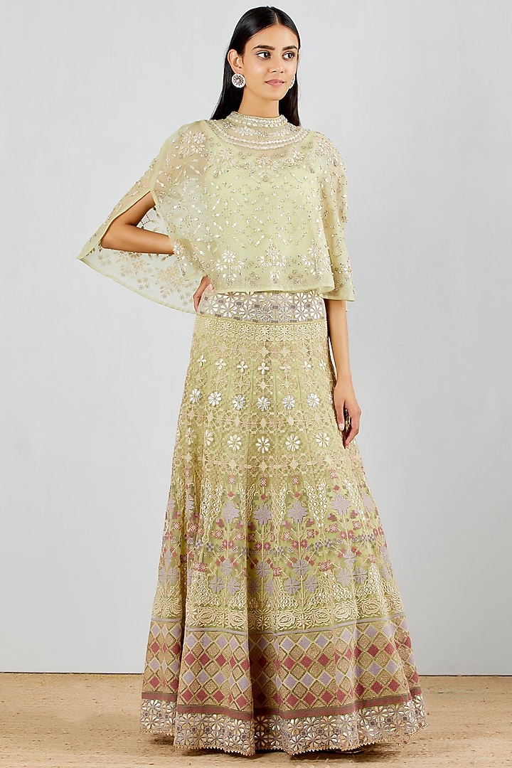 Light Green Organza Silk Hand Embroidered Skirt Set by Kavita Bhartia at Pernia's Pop Up Shop