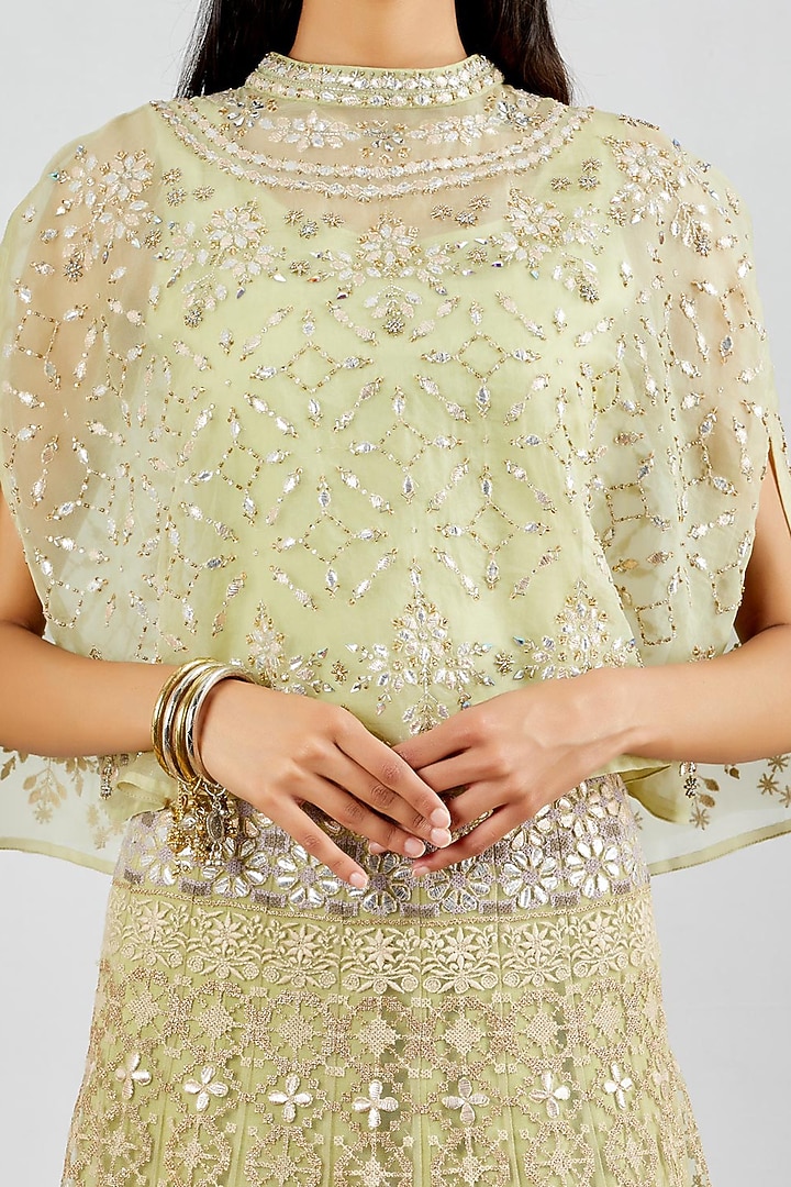 Light Green Organza Silk Hand Embroidered Skirt Set by Kavita Bhartia at Pernia's Pop Up Shop