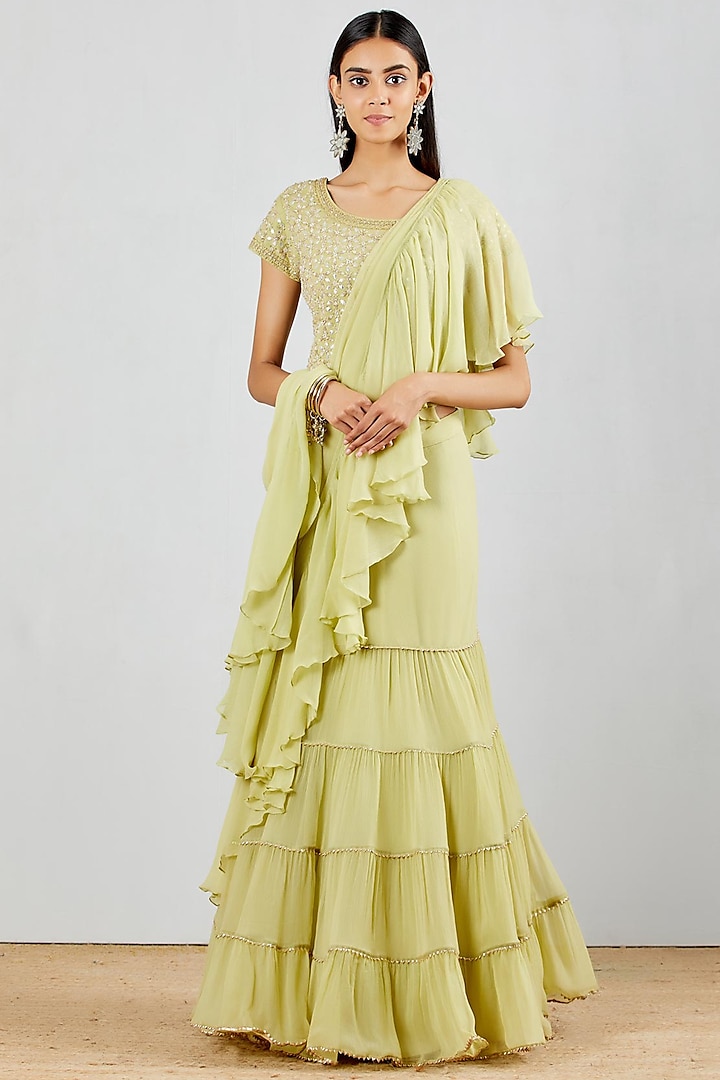Sage Green Pre-Stitched Tiered Saree Set by Kavita Bhartia
