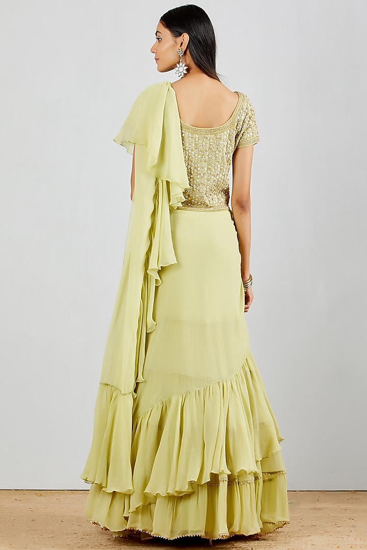 Sage Green Pre-Stitched Tiered Wedding Saree Set by Kavita Bhartia at Pernia's Pop Up Shop