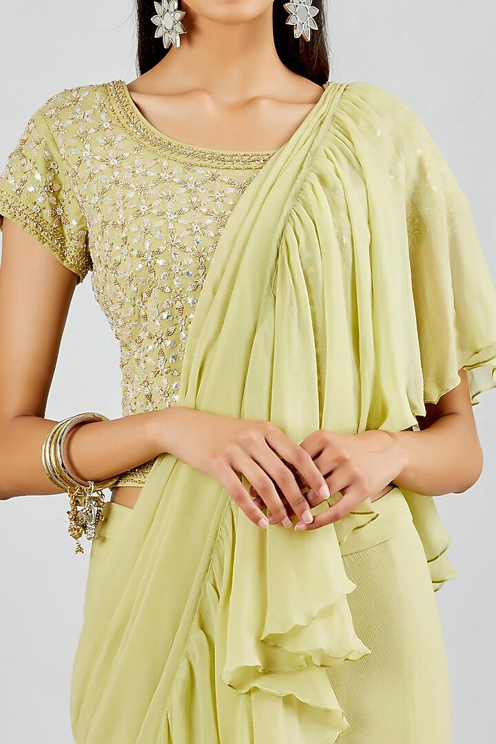 Sage Green Pre-Stitched Tiered Wedding Saree Set by Kavita Bhartia at Pernia's Pop Up Shop