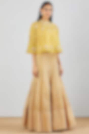 Yellow Hand Embroidered Paneled Skirt Set by Kavita Bhartia
