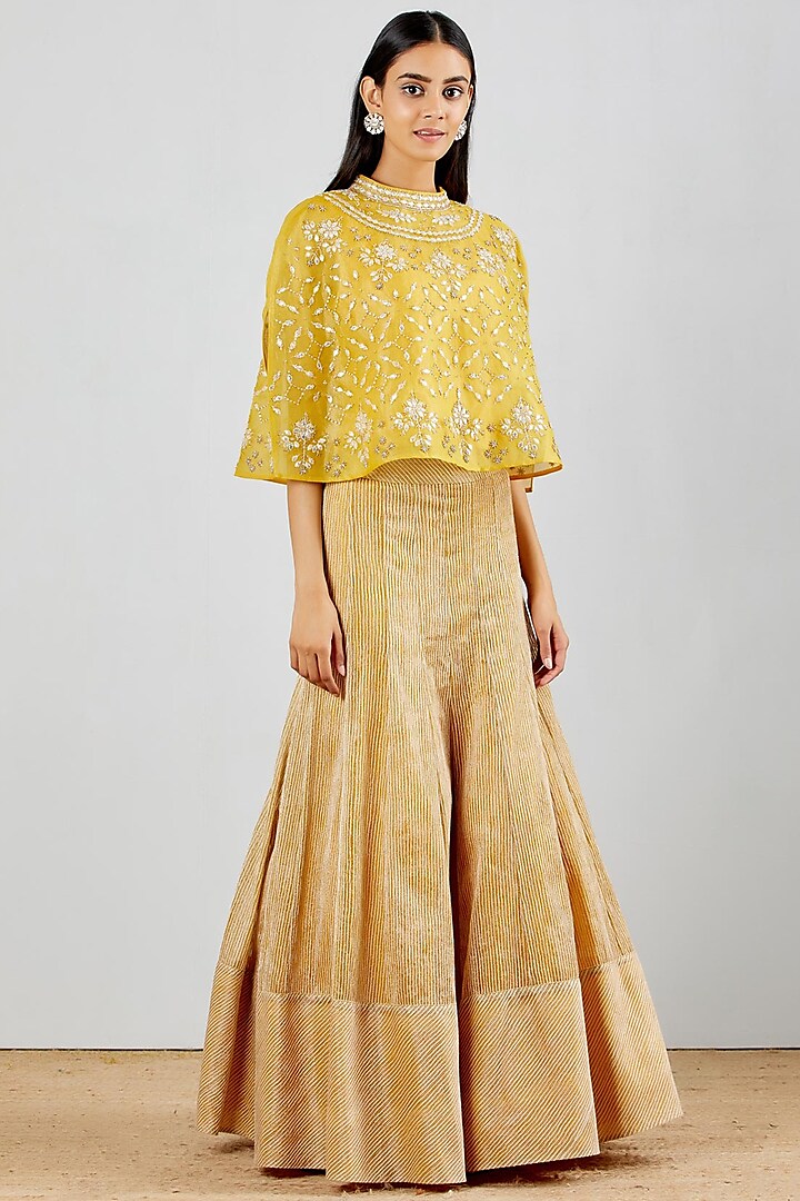 Yellow Hand Embroidered Paneled Skirt Set by Kavita Bhartia