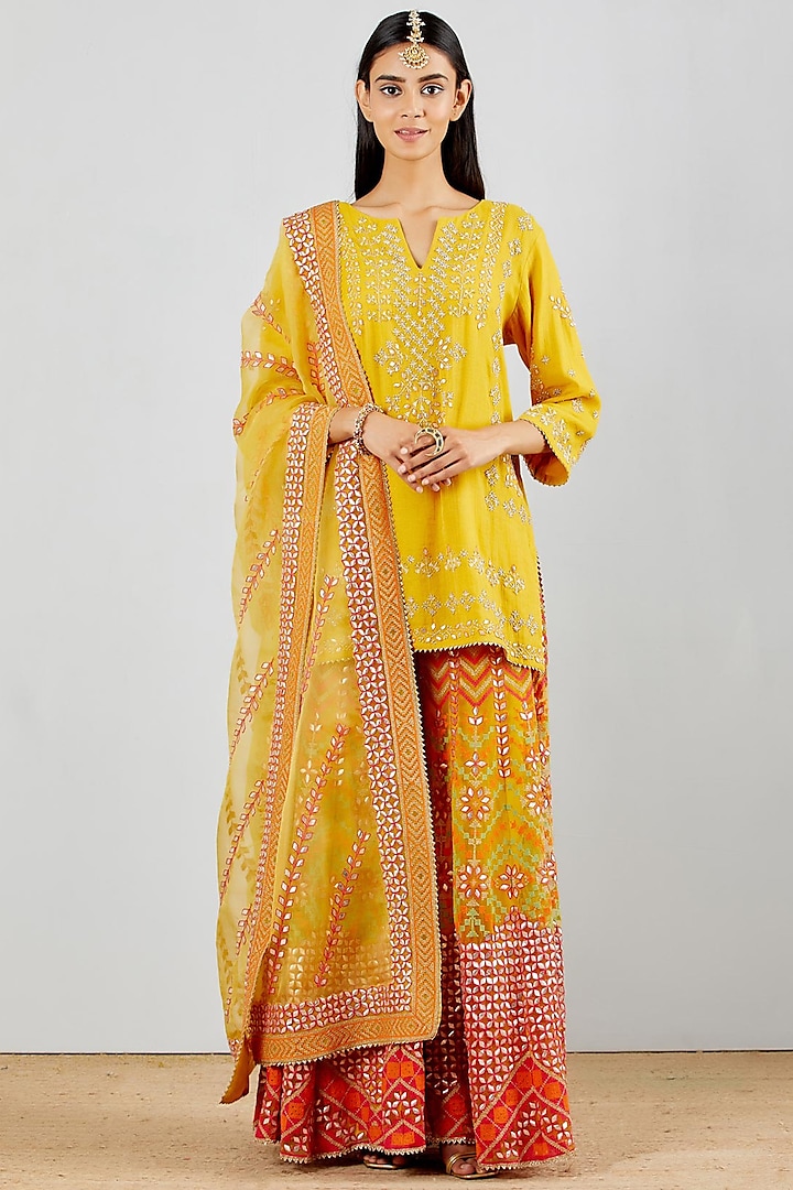Yellow Hand Embellished Sharara Set by Kavita Bhartia