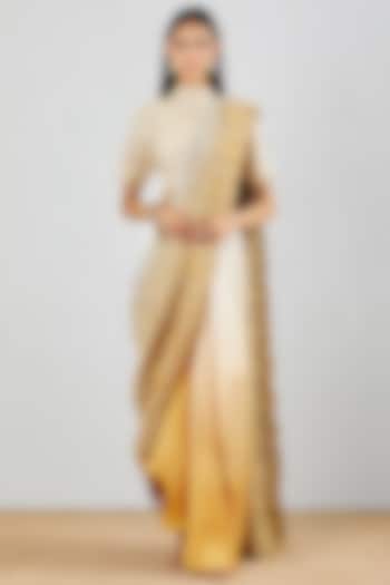 Ivory Shaded Hand Block Printed Pre-Stitched Saree Set by Kavita Bhartia