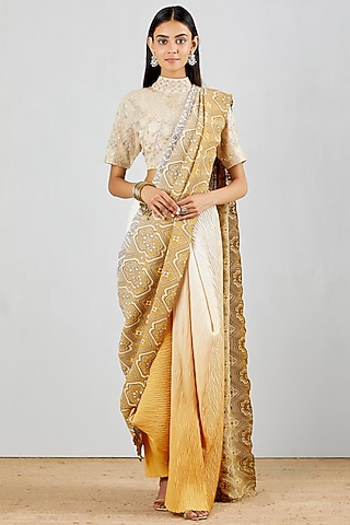 Ivory Shaded Hand Block Printed Pre-Stitched Saree Set by Kavita Bhartia