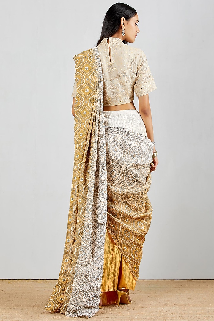 Ivory Shaded Hand Block Printed Pre-Stitched Wedding Saree Set by Kavita Bhartia at Pernia's Pop Up Shop