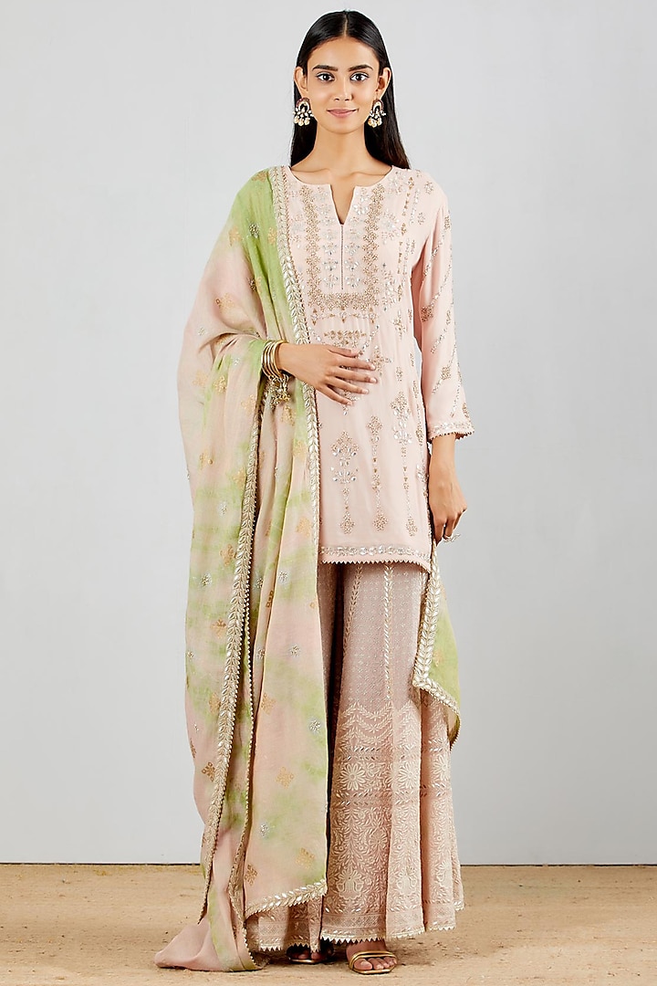 Blush Pink Chikankari Embroidered Sharara Set by Kavita Bhartia