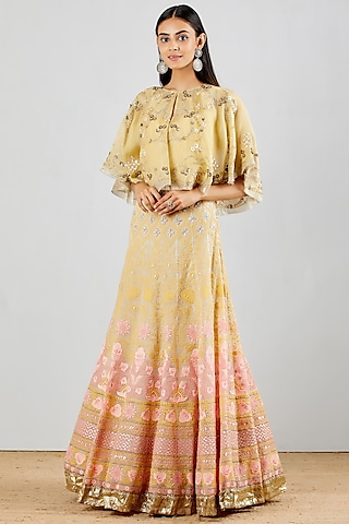 Pale Yellow Organza Silk Chikankari Embellished Skirt Set by Kavita Bhartia