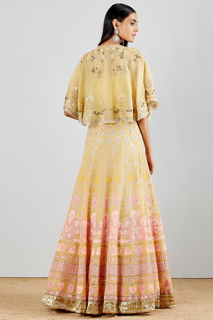 Pale Yellow Organza Silk Chikankari Embellished Skirt Set by Kavita Bhartia at Pernia's Pop Up Shop
