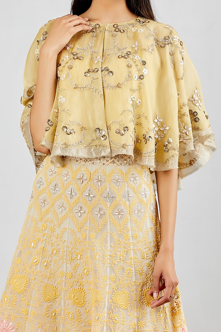 Pale Yellow Organza Silk Chikankari Embellished Skirt Set by Kavita Bhartia at Pernia's Pop Up Shop