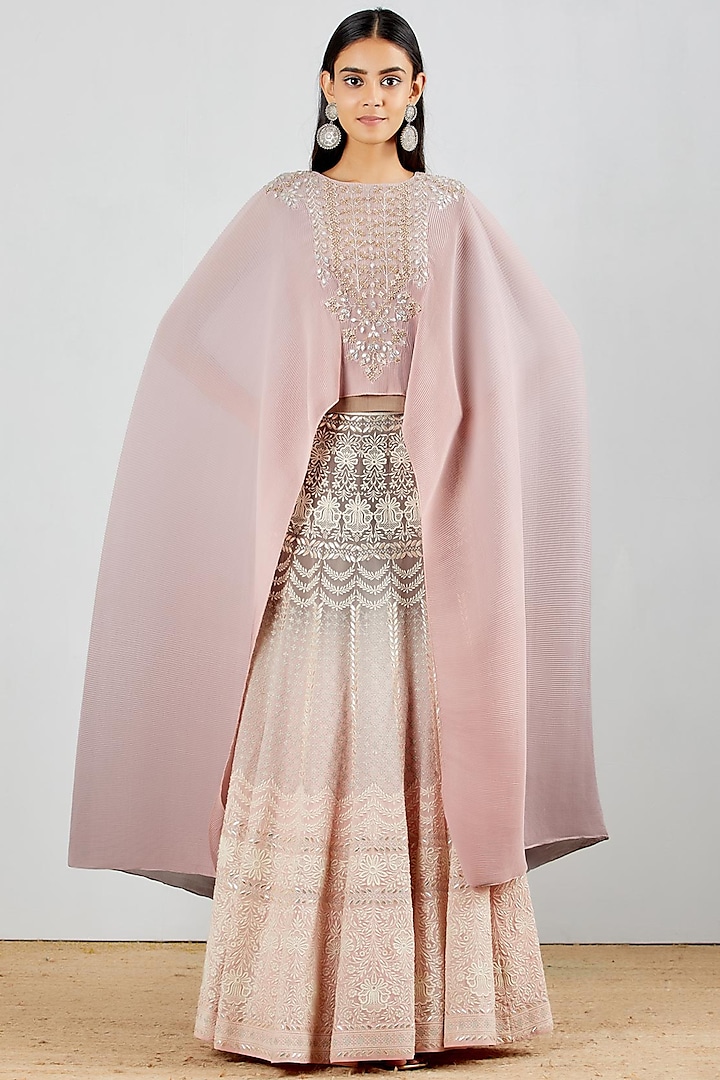 Blush Pink Chikankari Embroidered Dress With Cape by Kavita Bhartia