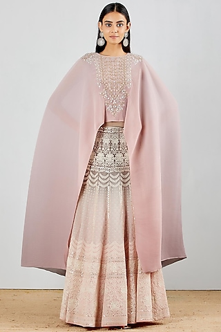 Blush Pink Chikankari Embroidered Dress With Cape by Kavita Bhartia