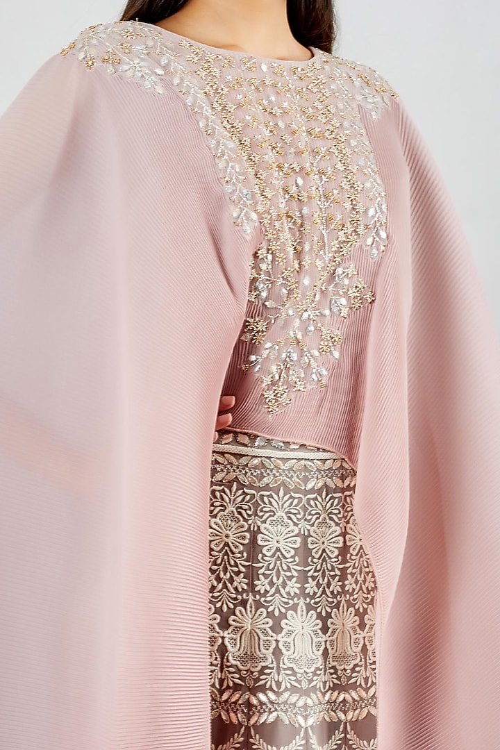 Blush Pink Chikankari Embroidered Party Wear Dress With Cape by Kavita Bhartia at Pernia's Pop Up Shop