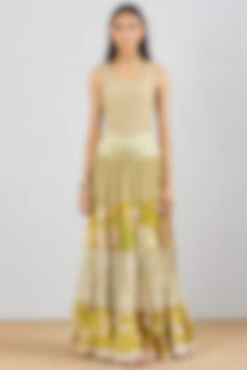 Beige & Green Chikankari Embroidered Tiered Skirt Set by Kavita Bhartia